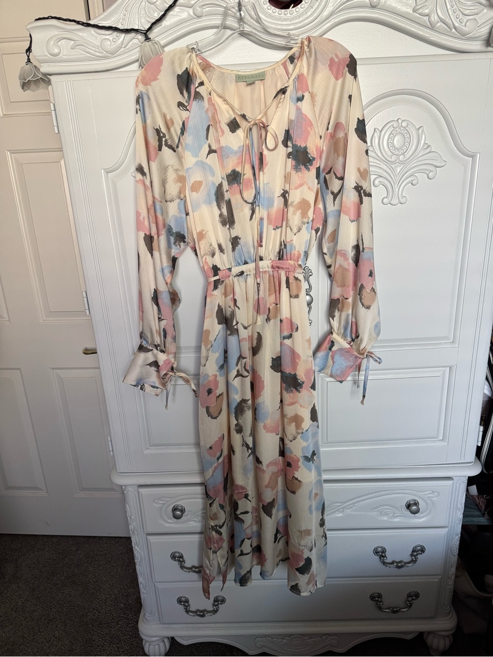 Long Sleeve Floral Tie-Waist Midi Dress - Cream Multi